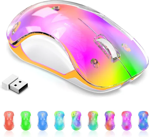 Miniatura 11 de memzuoix Mouse inalámbrico de 2.4G con cubierta personalizable y LED de 9 colores, ergonómico recargable, 1400 DPI, 5 botones, receptor USB para Azul