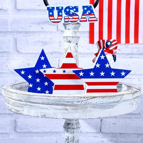 Miniatura 4 de Whaline 6 piezas de decoración de mesa de estrellas de madera para el 4 de julio, letreros patrióticos de bloque de estrellas con purpurina roja