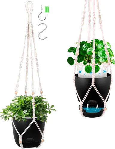 Miniatura 19 de Paquete de 2 macetas colgantes de riego automático de 7.2 pulgadas para plantas de interior y exterior, macetas colgantes de macramé de 34 pulgadas