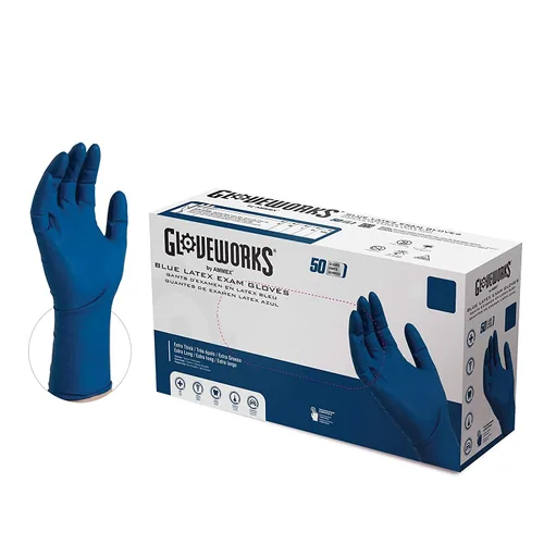 Guantes de látex resistentes Glove Plus de Ammex, caja de 50 unidades, desechables, libres de polvo, de calidad industrial, 0.4 pulgadas, color