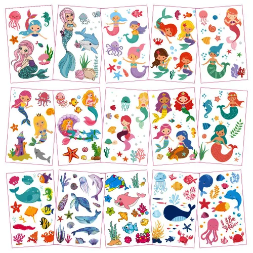 Miniatura 3 de 30 hojas (360 piezas) mariposas, sirena, animales marinos, tatuajes temporales impermeables para niños, tatuajes de dibujos animados de estilos