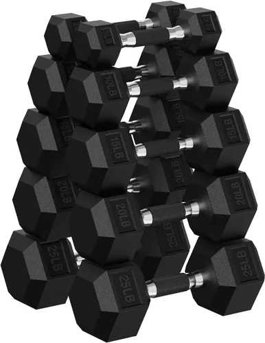 Miniatura 19 de Juego de mancuernas hexagonales con estante, juego de mancuernas de ejercicio y fitness con revestimiento de goma de 720 libras, peso de mano
