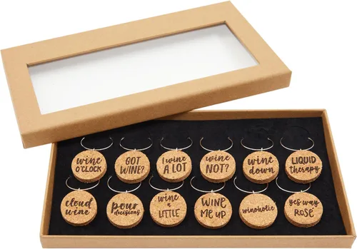 Miniatura 7 de Juvale Dijes de copa de vino, corcho circular de 1 pulgada, paquete de 12 unidades, dijes de vino para copas de tallo y decoración divertida
