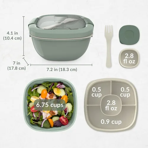 Miniatura 7 de Bentgo Recipiente para ensalada – Tazón de 54 onzas con bandeja de 4 compartimentos para aderezos, recipiente a prueba de fugas, tenedor Caqui Verde