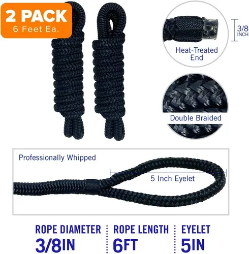 Miniatura 6 de Líneas para defensas de barco, cuerda de nailon trenzado doble de 3/8 pulgadas, 6 pies con bucle, paquete de 2, negro, para boya, amarre de moto