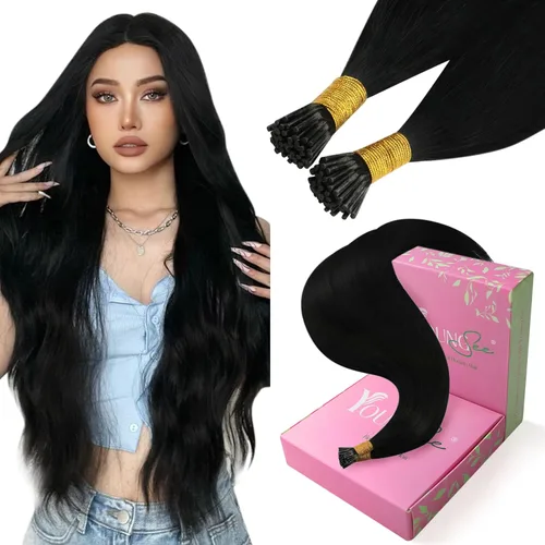 YoungSee I Tips - Extensiones de cabello humano con punta en I para cabello corto, fácil de usar, color negro azabache, 14 pulgadas, 1.76 onzas,