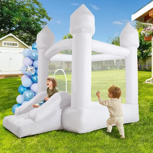 Casa de rebote blanca, casa inflable con tobogán y soplador, castillo animoso blanco para niños en interiores y exteriores, regalos ideales