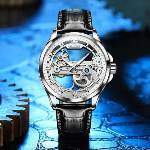 Miniatura 15 de OLEVS Relojes de esqueleto para hombre, automático, mecánico, de lujo, de cuero, impermeable, luminoso, reloj de pulsera para hombre