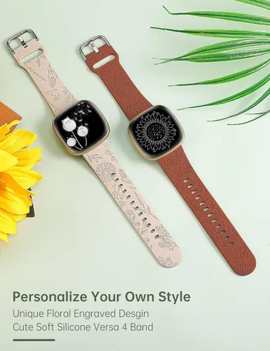 Miniatura 2 de Minyee Paquete de 2 correas grabadas florales compatibles con Fitbit Versa 4/Versa 3/Sense 2/Sense Band para mujer, lindo diseño de girasol