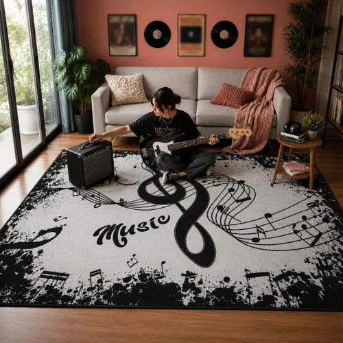 Miniatura 7 de Juego de batería de área musical, alfombra negra vintage, alfombras de música antideslizantes, tapetes suaves para sala de estar, dormitorio