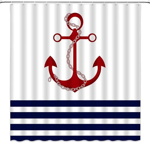 Cortina de ducha con ancla roja, diseño de rayas azul marino y blanco, diseño náutico, vida marina, pintura artística, navegación, decoración