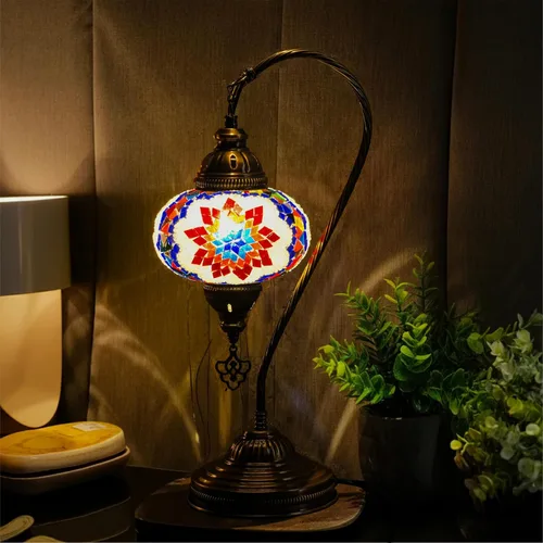Lámpara turca de mesa con cuello de cisne y mosaico, lámpara decorativa de vidrio marroquí con diseño vintage bohemio y pantalla Tiffany. Lámpara de