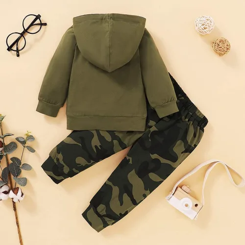 Miniatura 7 de Conjunto de 2 piezas de ropa para bebés y niños pequeños con estampado de letras y pantalones largos de camuflaje