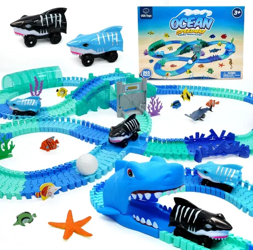 USA Toyz Pistas de Carreras Oceánicas para Niños - 265 piezas de pista de carreras en autódromo con 225 caminos flexibles, 3 coches de juguete de