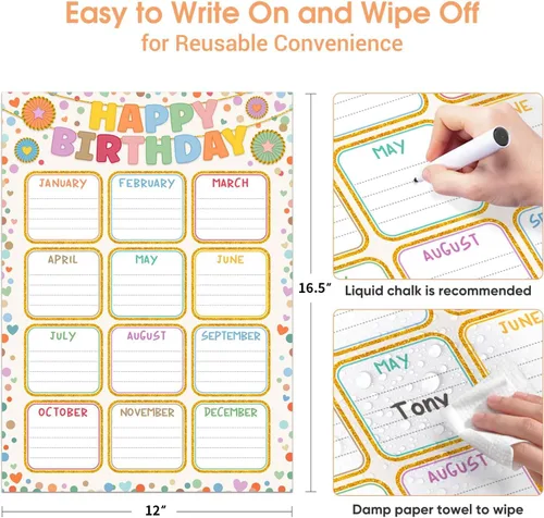 Miniatura 3 de FaCraft Classroom Birthday Chart Poster - Reusable Laminated Boho Confetti Happy Birthday Calendar Class Bulletin Board Decorations Wall Decor