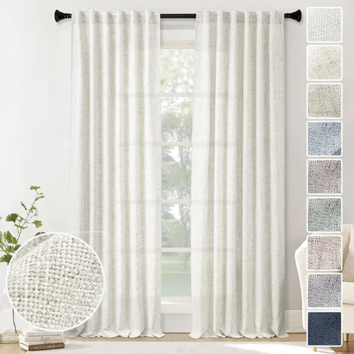Miniatura 71 de Cortinas de lino 92 pulgadas de largo, juego de 2 paneles con bolsillo para barra, lengüeta trasera, cortinas transparentes para ventanas