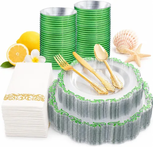 PULOTE 175 platos de plástico verde – Plástico transparente con borde verde desechable – Incluye 25 platos de cada uno (cena y postre), 75