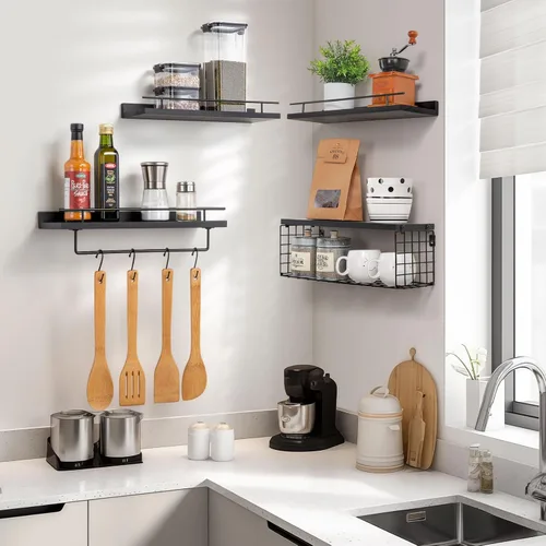 Miniatura 7 de SALA Juego de 4 estantes de baño para montar en la pared, estantes flotantes sobre papel higiénico con toallero, estantes de pared de madera