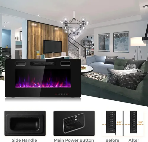 Miniatura 3 de Topment Chimenea eléctrica empotrada y montada en la pared con color y velocidad de llama ajustables, control remoto y táctil con temporizador, bajo