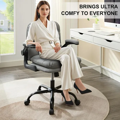 Miniatura 2 de VECELO Silla giratoria ergonómica de escritorio de oficina con reposabrazos abatible y altura ajustable, soporte lumbar y cojín grueso de piel Gris
