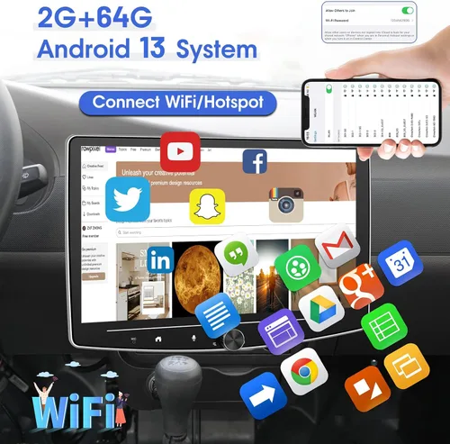 Miniatura 2 de [2G+64G] 10 pulgadas Android 13 pantalla táctil DIN simple coche estéreo giratorio Carplay Radio con cable/inalámbrico Carplay y Android Auto
