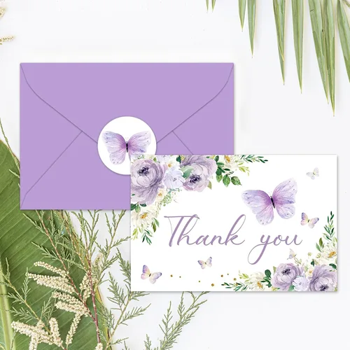 Miniatura 4 de Whaline 24 tarjetas de agradecimiento de mariposa floral, tarjetas de felicitación de flores moradas con etiqueta sobre de acuarela de primavera