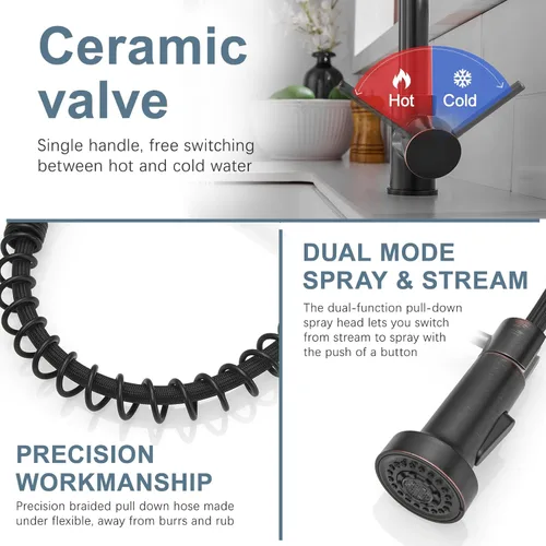 Miniatura 3 de Grifo de cocina de bronce aceitado, AIMADI grifo de cocina comercial de una sola manija y un agujero de bronce con rociador extraíble grifo