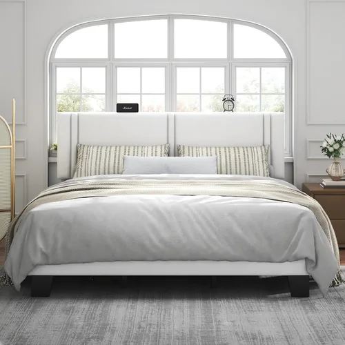 Miniatura 14 de Feonase - Base de cama de tamaño individual con plataforma tapizada, base de cama tapizada con respaldo abatible, listones de madera maciza y Gris