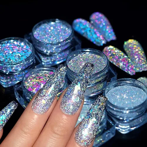 Miniatura 2 de 6 colores para arte de uñas Gliiter holográfico en copos de uñas para arte de uñas, polvo de uñas reflectante con purpurina para mujeres y niñas