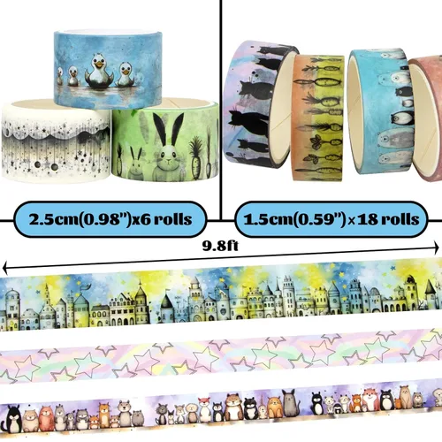 Miniatura 2 de Lindo juego de cinta washi – 24 rollos de cinta washi decorativa de animales Kawaii para suministros de álbumes de recortes, suministros de diario