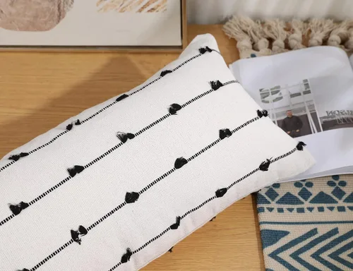 Miniatura 3 de NUYECY Fundas de Almohada Lumbar Larga Boho 14 x 20 pulgadas Negro, Patrón Clásico de Rayas de Algodón Funda Decorativa de Almohada Lumbar Larga