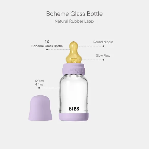 Miniatura 2 de BIBS Boheme - Botella de cristal para bebé, 4.1 fl oz, anticólicos, pezón redondo de látex de goma natural. Apoya la lactancia materna natural