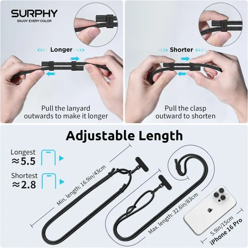 Miniatura 6 de SURPHY Cordón para teléfono, correa cruzada ajustable para teléfono con 2 pestañas de amarre para teléfono celular, hebillas de metal de alta Negro