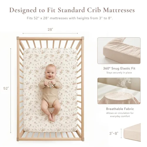 Miniatura 2 de Konssy Sábanas de Muselina para Cuna para Niña y Niño, 2 Piezas de Sábanas de Bebé de Algodón Suave y Transpirable para Colchón de Cuna Estándar