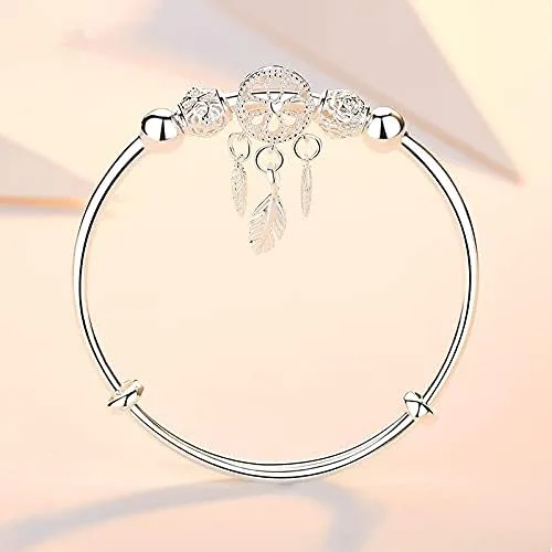 Miniatura 4 de Pulsera de plata de ley 925 hecha a mano vintage con atrapasueños, pulsera ajustable tallada para regalo para mujeres en cumpleaños, aniversarios