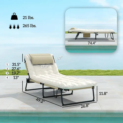 Miniatura 3 de Outsunny Tumbona plegable con respaldo reclinable de 4 niveles, silla de bronceado al aire libre con cojín, silla de salón al aire libre con tela