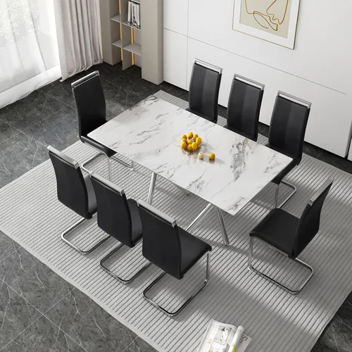 Miniatura 33 de Juego de 8 mesas de comedor de cristal, moderno juego de mesa de comedor de 71 pulgadas con 8 sillas de comedor tapizadas de piel sintética