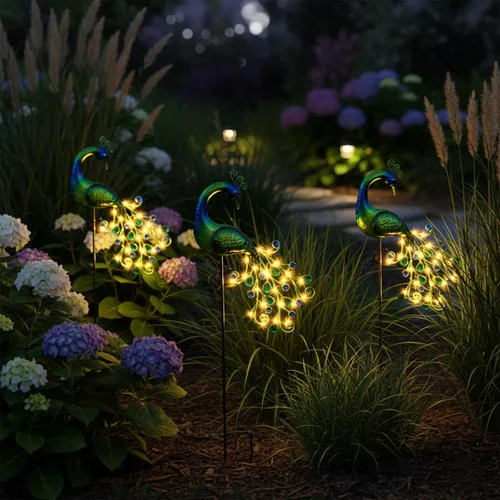 Miniatura 4 de Luces solares de jardín de metal con decoración de pavo real impermeable, poste solar con pavo real decorativo para decoración de patio al aire