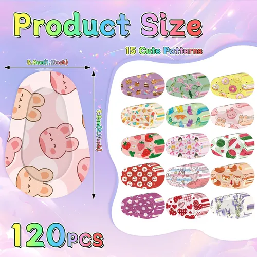Miniatura 2 de 120 parches adhesivos para los ojos para niños y niñas, algodón suave transpirable a granel, con bonitos diseños de patrones, 15 estilos con 8