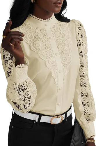 Miniatura 17 de Rooscier Blusa Elegante de Encaje de Crochet con Cuello Alto Simulado de Manga Larga con Botones para Mujer Top