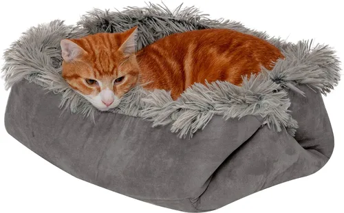 Furhaven Cama para mascotas para gatos y perros pequeños – Cama térmica, auto-calentable, convertible, de piel y gamuza para gatos, lavable, color