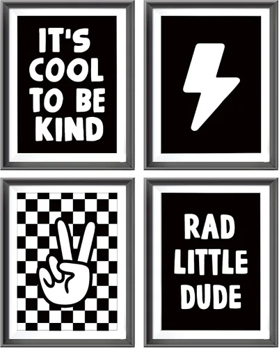 Miniatura 14 de Cartel de mano retro a cuadros negros y blancos preppy relámpago de la paz para decoración de habitación de niños, decoración divertida de Rad