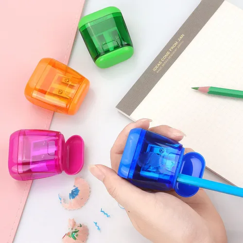 Miniatura 3 de Paquete de 4 sacapuntas manuales de doble agujero con tapa para niños, escuela, oficina, hogar (azul, verde, naranja, rosa)