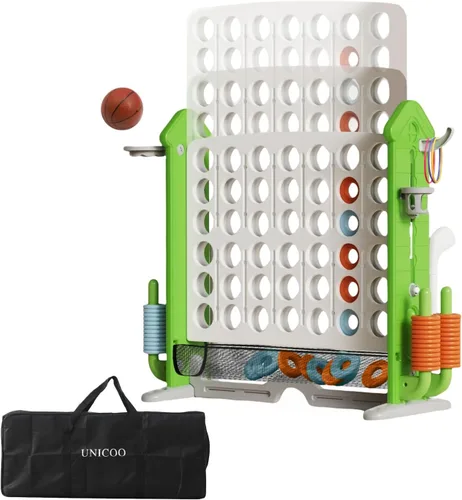 UNICOO Juego gigante 4 en una fila con bolsa de transporte, aro de baloncesto, juego de lanzamiento de anillo, juego de 4 a puntuación | Juego