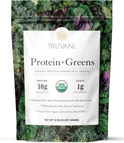Truvani Suplemento de proteína + verduras | Espinaca, col rizada y brócoli | 0.35 oz de proteína orgánica a base de plantas | 20 porciones | USDA