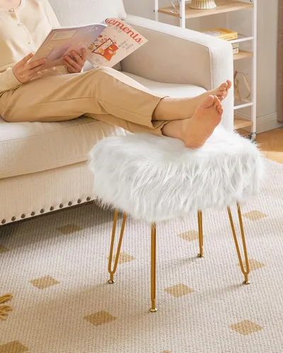 Miniatura 6 de IBUYKE Taburete rectangular de piel sintética con almacenamiento, silla de maquillaje peluda, asiento acolchado suave, reposapiés redondo con 4