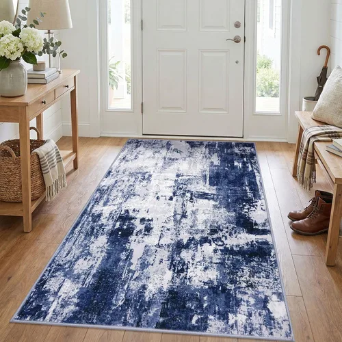 Miniatura 20 de KOZYFLY Tapete de entrada abstracto de 2 x 3 pulgadas, lavable, antideslizante, suave, para área pequeña, color azul y beige, moderno, a rayas