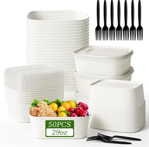 Miniatura 11 de Paquete de 50 cuencos desechables de papel kraft de 19 onzas con tapas y tenedores, recipientes desechables para preparación de comidas, cuencos
