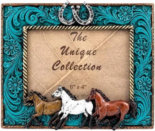 Comfy Hour Marco de fotos de caballos corriendo de 9.3 pulgadas con herradura, rústico, antiguo, vintage, azul, estilo occidental, decoración del
