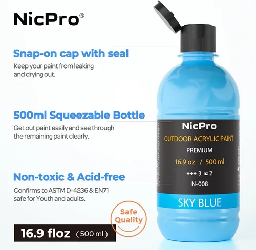 Miniatura 9 de Nicpro Juego de pintura acrílica al aire libre de gran volumen de 14 colores (500 ml, 16.9 oz) Suministros de pintura artística ricos, no tóxicos